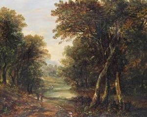 BRITISH SCHOOL,Figures on a path in a wooded lake landscape,Woolley & Wallis GB 2018-03-07