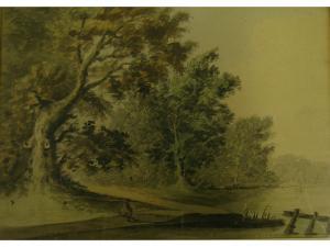 BRITISH SCHOOL,Fishermanbeside a wooded lake, watercolour,1956,Andrew Smith and Son GB 2007-09-04