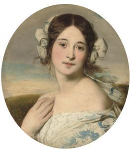 BRITISH SCHOOL,Portrait of a young girl in a blue and white wrap,Christie's GB 2009-01-13