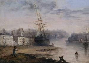 BRITISH SCHOOL,River scene with ship by a jetty with estuary beyo,1850,Bonhams GB 2008-02-16