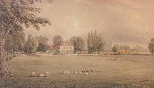 BRITISH SCHOOL,Sheep grazing in a meadow with a manor house beyond,Bonhams GB 2009-03-01