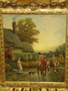 BRITISH SCHOOL,The hunt passing through a village, oil onboard,Bonhams GB 2008-10-27