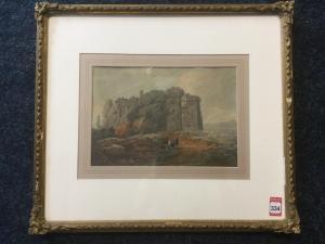 BRITISH SCHOOL,travellers before a ruined castle, with cattle & sheep,Jim Railton GB 2016-08-13