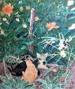 Brodsgaard Joan M 1912-2009,Kittens under the Hibiscus,Theodore Bruce AU 2017-07-16
