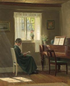 BROGE Alfred K. Harald,A sunny interior with a woman reading by the windo,Bruun Rasmussen 2024-03-18