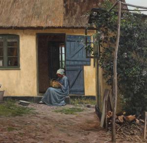 BROGE Alfred K. Harald 1870-1955,Courtyard exterior with a woman sitting in th,1924,Bruun Rasmussen 2024-02-19