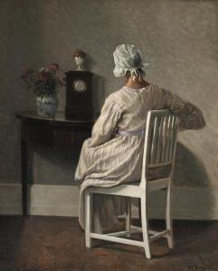 BROGE Alfred K. Harald 1870-1955,Woman seen from the back sitting at a small t,1922,Bruun Rasmussen 2024-01-15