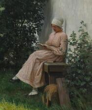 BROGER Alfred,Ung kvinde der sidder og læser under en blomstrend,Bruun Rasmussen 2016-12-05