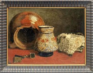 BROMLEY C. Shailor 1800-1800,Still life with ceramics on a red cloth,1885,Rosebery's GB 2014-09-09