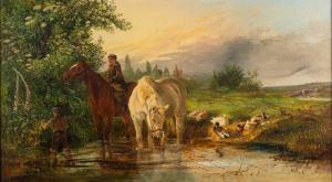 BROOKE Edward Adveno 1821-1910,A stream with children and horses water,Bearnes Hampton & Littlewood 2023-01-17