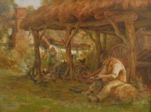 BROOKS Jacob 1877,Figures in thatched barn before thatched cottage,Golding Young & Co. GB 2021-09-15