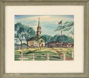 BROOKS Robert J 1960,Town green with white steepled church and other bu,Eldred's US 2018-05-19