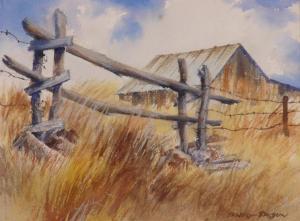 BROWN Ernst 1900-1900,Landscape w/old fence & barn,Jack Eubanks US 2010-01-23