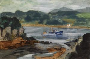 BROWN GWYN,Coastal view with boats and a cottage,1965,Peter Wilson GB 2019-04-11