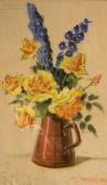 BROWN Mae Bennett 1887-1973,Delphiniums andYellow Roses in a Copper Pitcher,Skinner US 2010-04-14