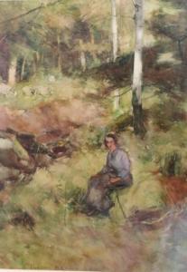 BROWN William Fulton 1873-1905,Shepherdess resting on a mountain with shee,Fonsie Mealy Auctioneers 2019-04-16