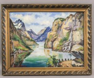 BROWNE Belmore 1880-1954,landscape scene of mountains beside a river,888auctions CA 2022-12-15