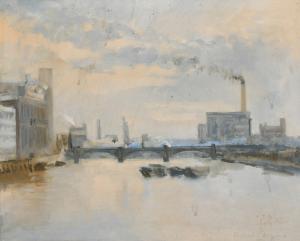 BROWNE MICHAEL 1930,A view of the Thames with barges and a bridge,John Nicholson GB 2021-03-24