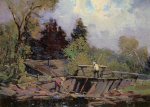 BROWNELL Peleg Franklin 1857-1946,Breaking up the Logs,1998,Levis CA 2023-04-23