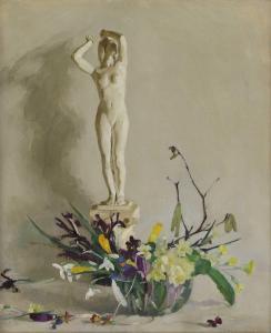BROWNING Amy Katherine,Still life of a bowl of spring flowers and a statu,Sworders 2023-10-17