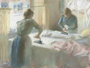 BRUCK Hermann 1875-1949,Zwei junge Frauen beim Plätten der Wäsche,Galerie Bassenge DE 2018-06-01
