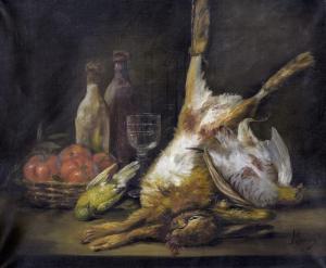 BRUCY 1800-1900,Jagdstillleben mit Hasen, Vögeln, Tomaten und Wein,Dobiaschofsky CH 2012-05-12