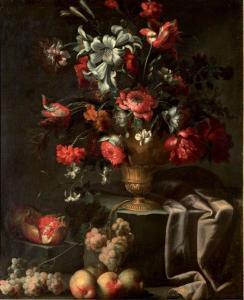 BRUEGHEL Abraham 1631-1697,Fleurs dans un vase de bronze, grenades, et raisins,Aguttes FR 2012-06-11