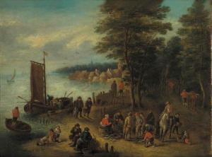 BRUEGHEL Jan I 1568-1625,A fish monger on a river bank, a village beyond,Christie's GB 2001-03-20