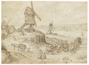BRUEGHEL Jan I 1568-1625,A LANDSCAPE WITH WINDMILLS, TRAVELLERS AND WAGONS ,Sotheby's GB 2014-01-29