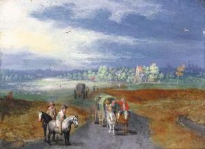 BRUEGHEL Jan II 1601-1678,A panoramic landscape with travellers on a road, a,Christie's 2001-07-13