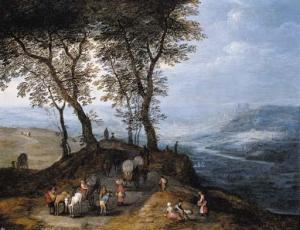 BRUEGHEL Jan II 1601-1678,An extensive landscape with travellers on a path o,Christie's 2001-01-26