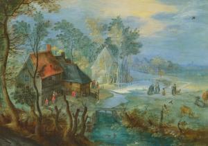 BRUEGHEL Jan II 1601-1678,Farmhouses by a stream.,Galerie Koller CH 2024-03-22