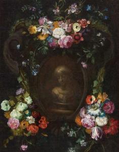 BRUEGHEL Jan Peeter,Stone cartouche adorned with flowers, with a bust ,Galerie Koller 2022-04-01