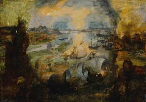 BRUEGHEL Pieter I 1525-1569,Seascape with ships and a burning city,Sotheby's GB 2022-01-28