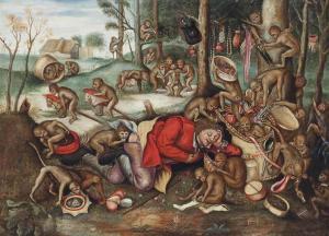 BRUEGHEL Pieter I 1525-1569,The Peddler Pillaged by Apes,Christie's GB 2015-10-29