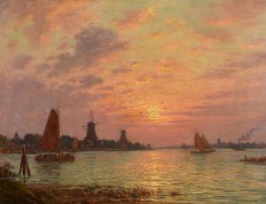 BRUGAIROLLES Victor 1869-1936,Hollande, coucher de soleil sur les moulins,De Maigret FR 2024-04-05