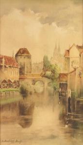 BRUHL Louis Burleigh 1861-1942,townscape with buildings and bridge,Denhams GB 2022-09-21