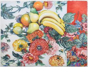 BRUMUND MARIE 1948,Still Life with Fruit and Floral Tablecloth,Clars Auction Gallery US 2019-08-10