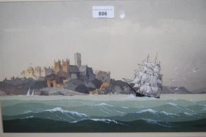 BRUNDLE Kenneth A,a three masted square rigger off a coastline,,Lawrences of Bletchingley 2021-06-08