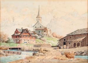 BRUNNER Alois 1859-1941,"Église et maison au bord d'une rivière",1861,Dogny Auction CH 2011-04-12