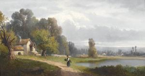 BRUNT van Henry 1832-1903,Landschaftspartie mit Gehöft an See.,Dobiaschofsky CH 2008-05-21