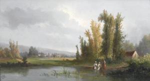 BRUNT van Henry 1832-1903,Wäscherinnen an Teich in ebener Landschaft.,Dobiaschofsky CH 2008-05-21