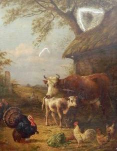 BRYANT Henry 1812-1890,A cow with a calf, a turkey, chickens and ducks in,Rosebery's GB 2012-05-12