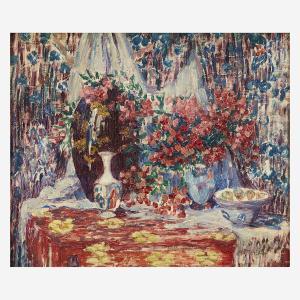 BRYANT Maude Drein 1880-1946,Still Life with Flowers, Vases and Bowls on a Comm,Freeman 2021-06-06