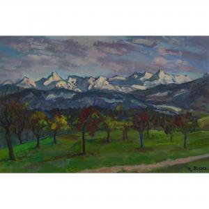 BUCHS Raymond 1878-1958,Obstbäume vor Berner Alpenkulisse,Dobiaschofsky CH 2017-05-10