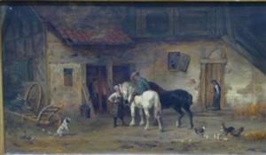 BUCKEN Peter 1831-1915,Personen mit Pferden und Tieren vor dem Stall,Georg Rehm DE 2021-05-06