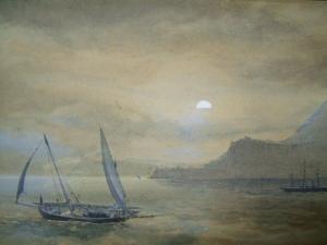 BUCKIE S,calm sea scape, boat before harbour and mountain ,19th century,Thos. Mawer & Son 2007-10-06