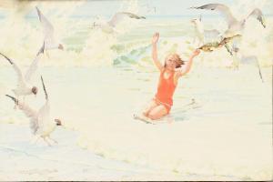 BUCKLAND Arthur Herbert,A girl on a beach surrounded by seagulls,1934,Woolley & Wallis 2023-12-13