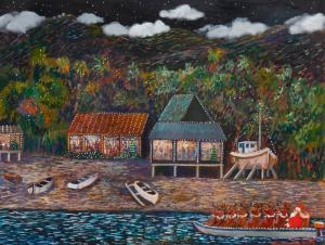 BUFFET Guy 1943,Santa & Reindeer in boat by the shore,John Moran Auctioneers US 2023-10-04