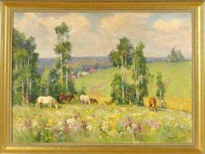 BUKAKIN IVAN ALEKSEEVICH 1933,Pferde auf einer Blumenwiese mit einer Stadt im Hi,Allgauer 2010-07-08